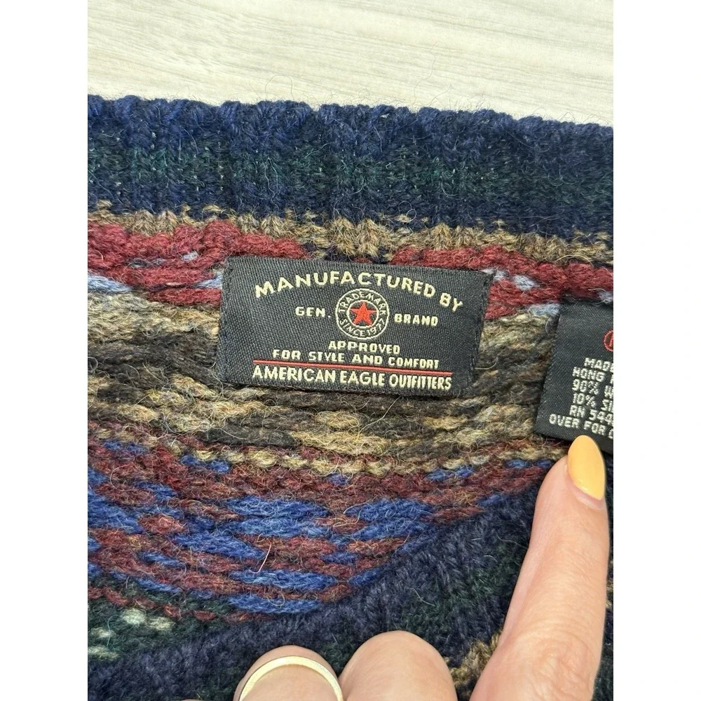 Vintage American Eagle Wool Silk Fair Isle Sweater Mens M Nordic V Neck USA Read
